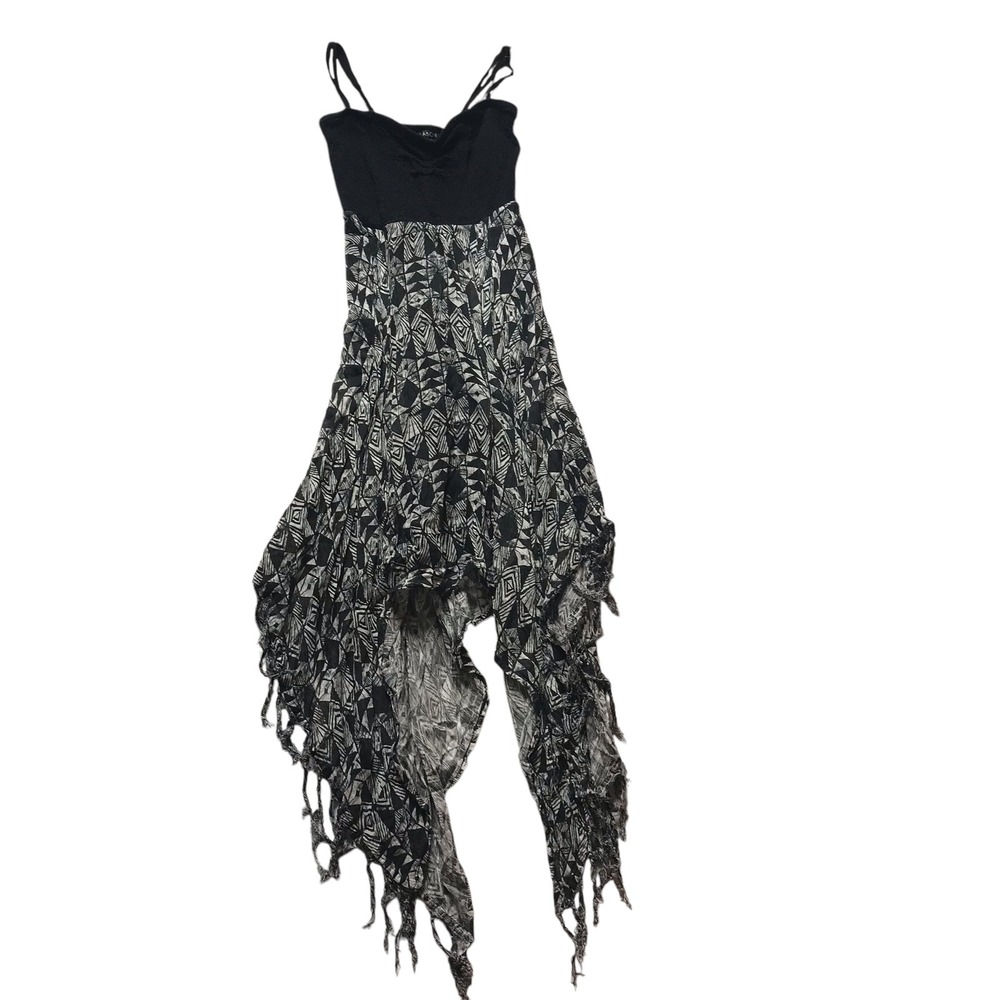 Billabong Womens Black White Geometric Handkerchief Hem Fringed Sun Dress Small